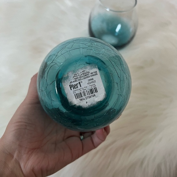 Pier 1 Set of Teal Blue Crackled Stemless Wine Glasses - Picture 5 of 7